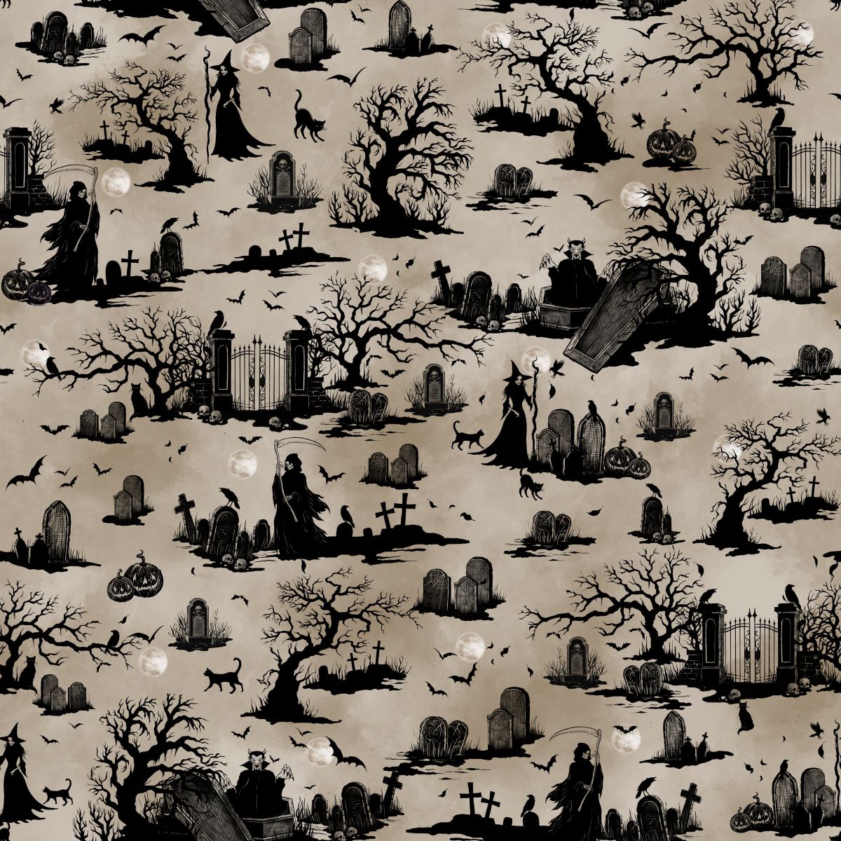 Fabric Blank Quilting Taupe Cemetery Silhouette Darkly Enchanted by the Quarter Yard 4796-41