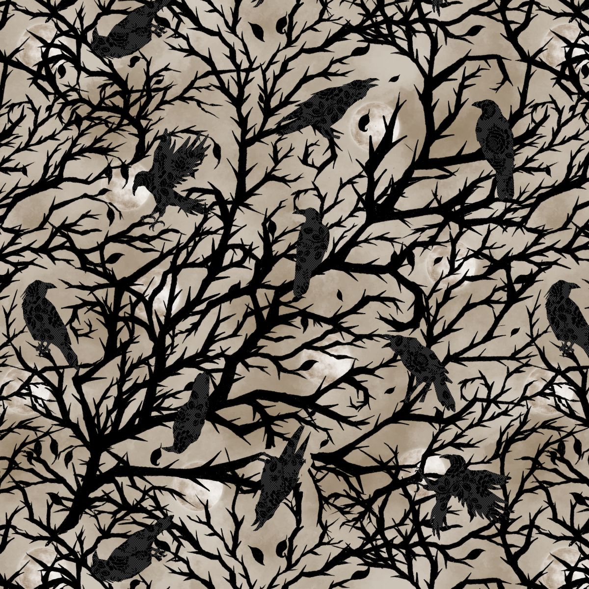 Fabric Blank Quilting Taupe Crows in Trees Silhouette Darkly Enchanted by the Quarter Yard 4797-41