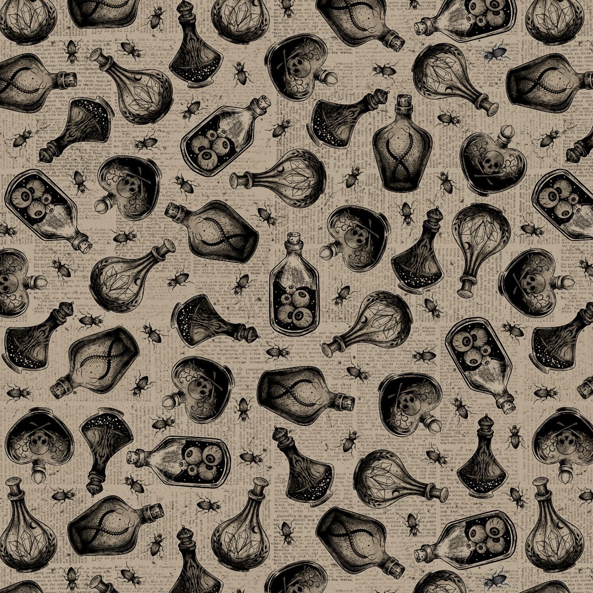 Fabric Blank Quilting Taupe Potion Bottles on Newsprint Darkly Enchanted by the Quarter Yard 4798-41
