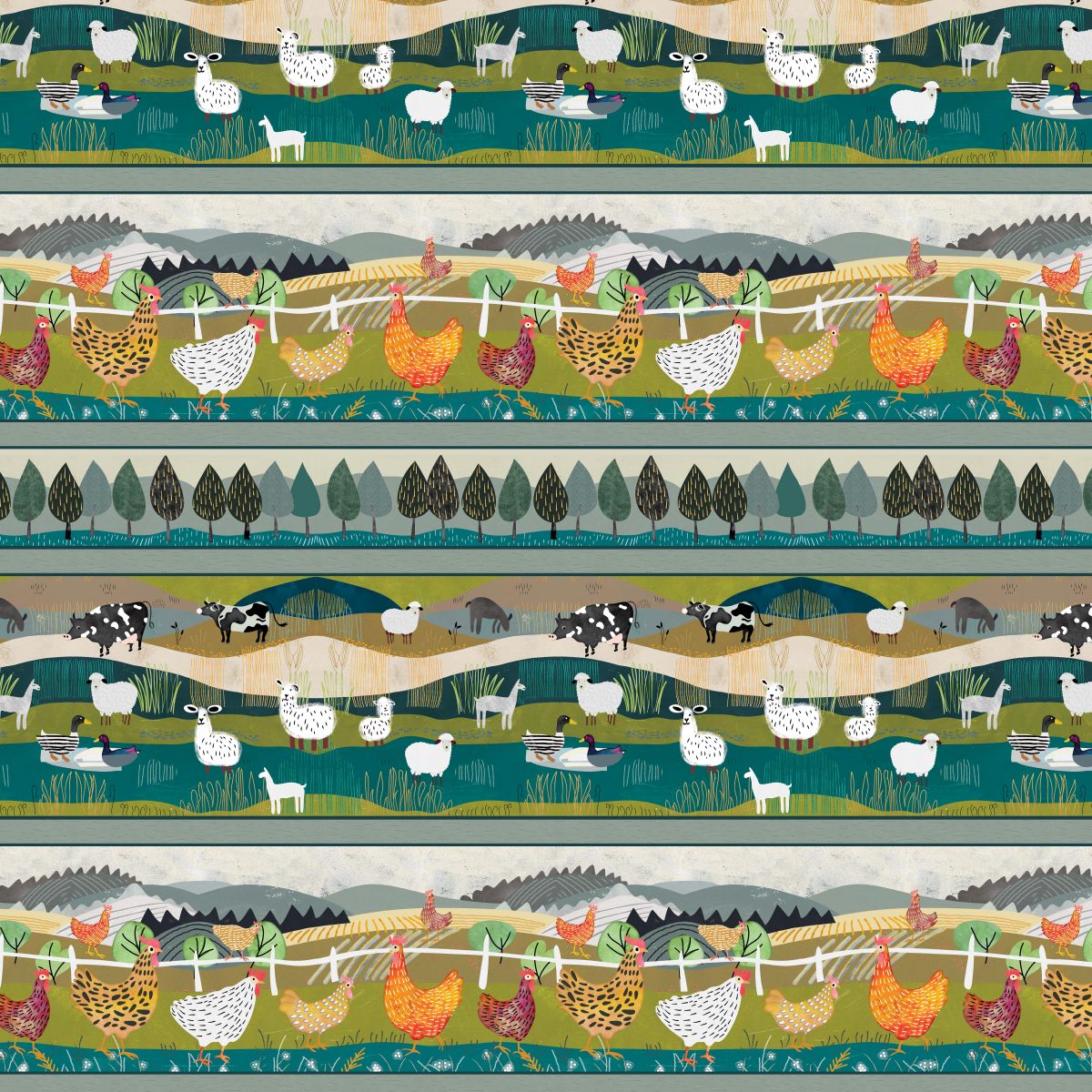 A repeating horizontal pattern featuring stylized farm animals and landscapes, including sheep, chickens, cows, deer, trees, hills, and boats, in muted green, beige, gray, black, white, and orange tones.