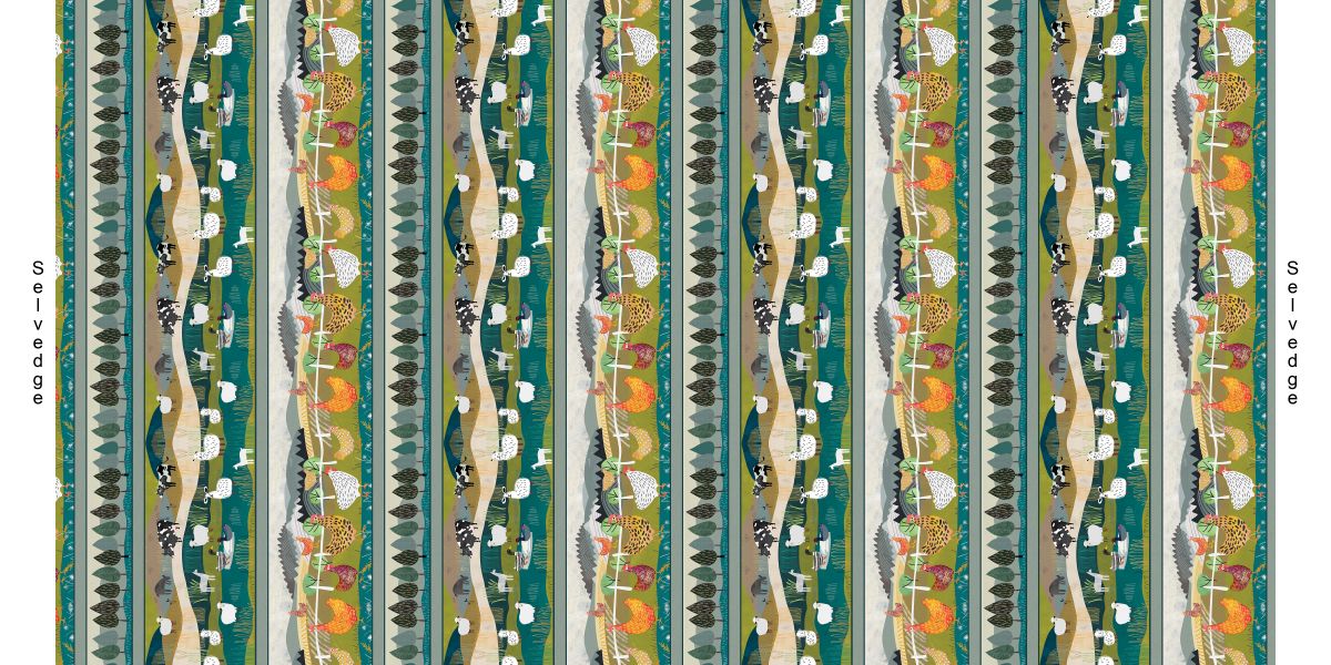 A repeating vertical pattern featuring stylized landscape scenes with trees, hills, and small figures in green, beige, blue, orange, and white, with the word 'SELVEDGE' printed along the right edge.