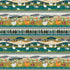 A repeating horizontal pattern featuring stylized farm animals and landscapes, including sheep, chickens, cows, deer, trees, hills, and boats, in muted green, beige, gray, black, white, and orange tones.