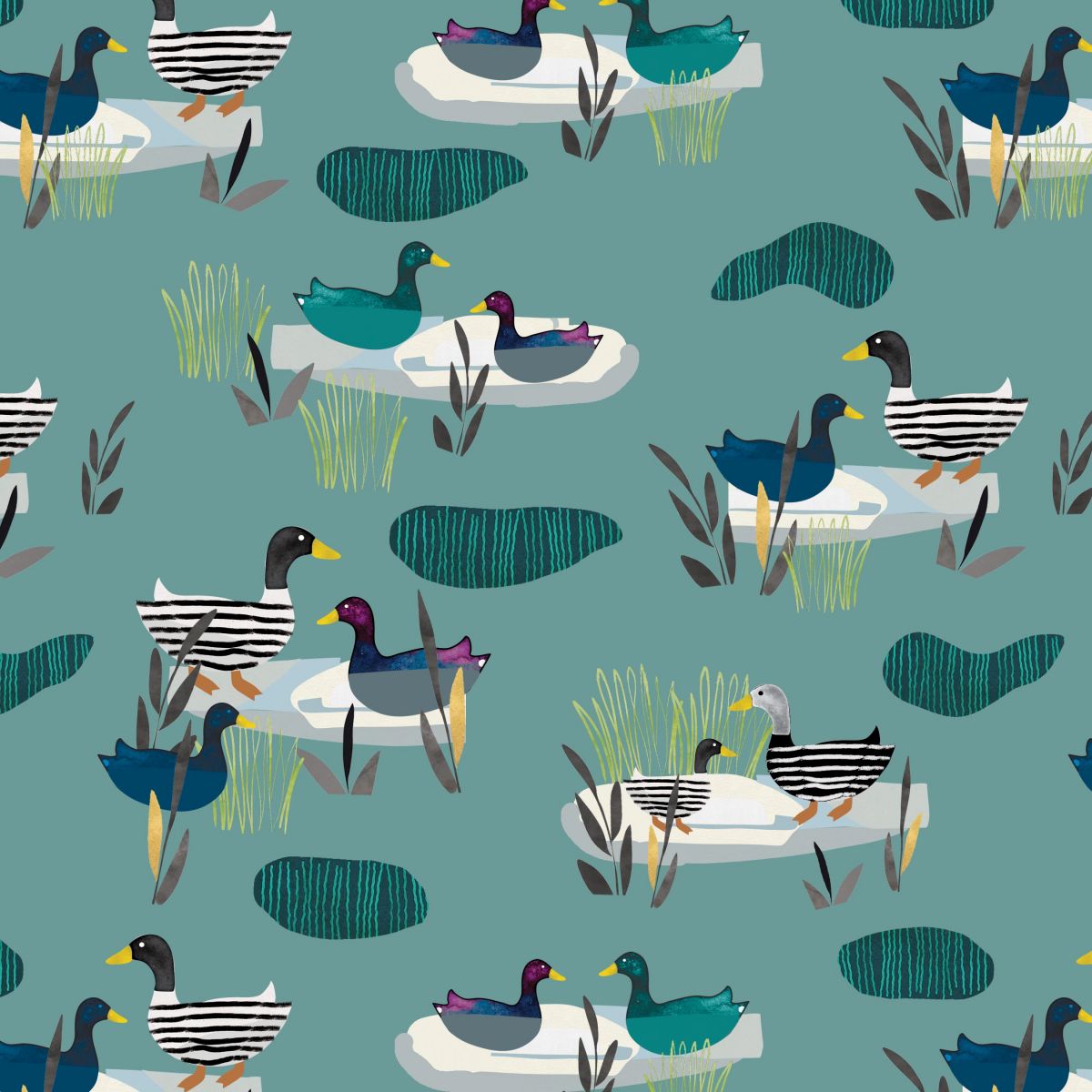 A repeating pattern of stylized ducks and ducks on a teal background with reeds and abstract pond shapes.
