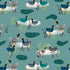 A repeating pattern of stylized ducks and ducks on a teal background with reeds and abstract pond shapes.