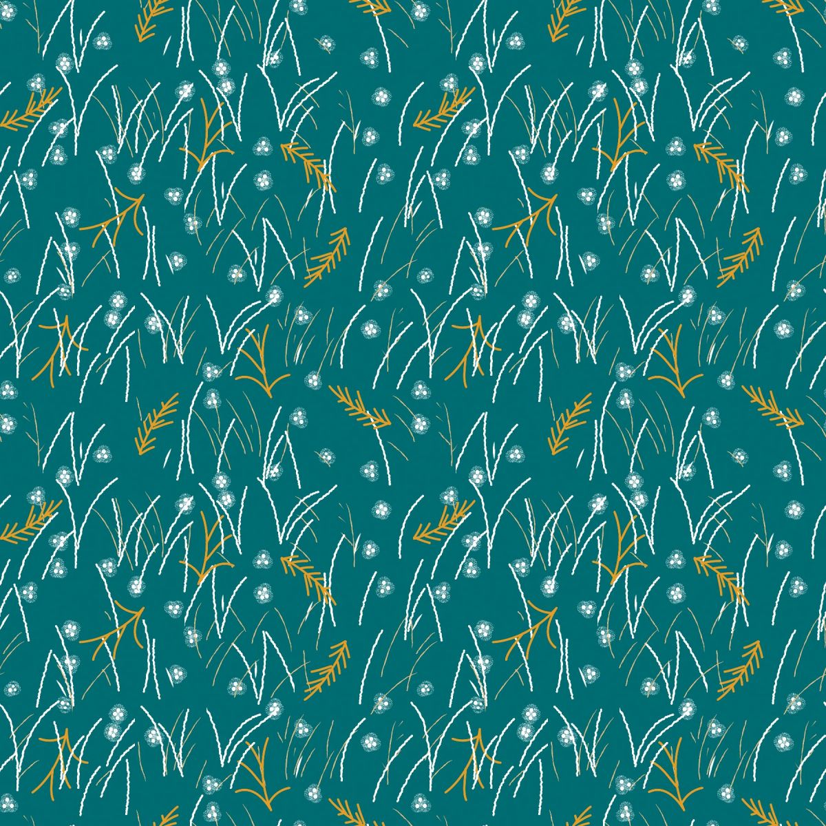 A repeating botanical pattern featuring white and mustard yellow wild grass and small flowers on a teal background.