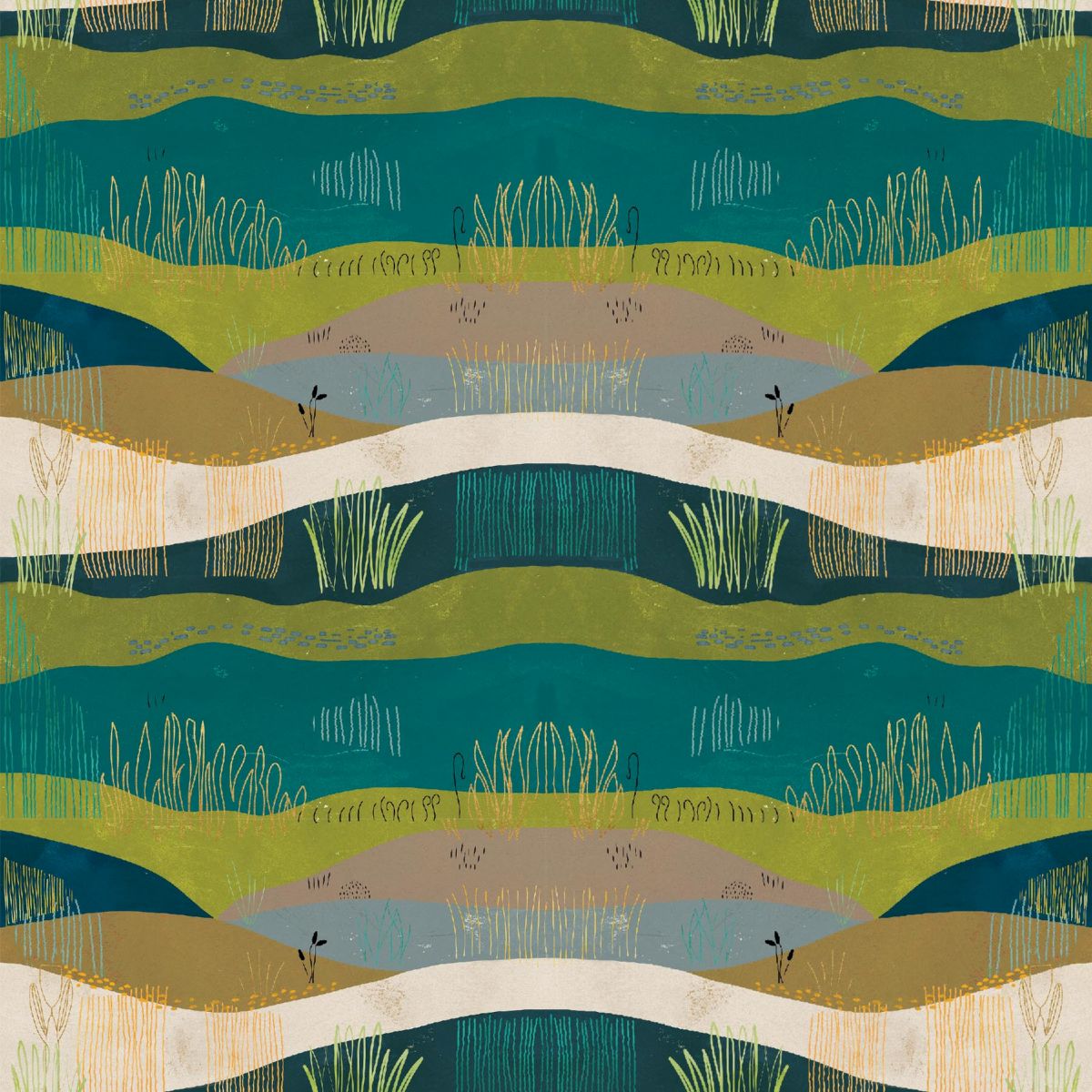 A repeating abstract landscape pattern with wavy bands of teal, blue-green, olive green, tan, cream, and light blue, plus stylized grasses and small birds.