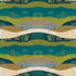 A repeating abstract landscape pattern with wavy bands of teal, blue-green, olive green, tan, cream, and light blue, plus stylized grasses and small birds.
