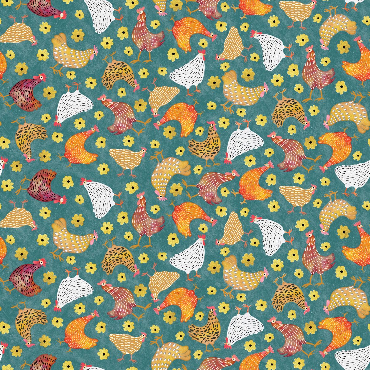 A repeating folk-art style pattern featuring stylized chickens and small yellow flowers on a teal background.