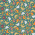 A repeating folk-art style pattern featuring stylized chickens and small yellow flowers on a teal background.