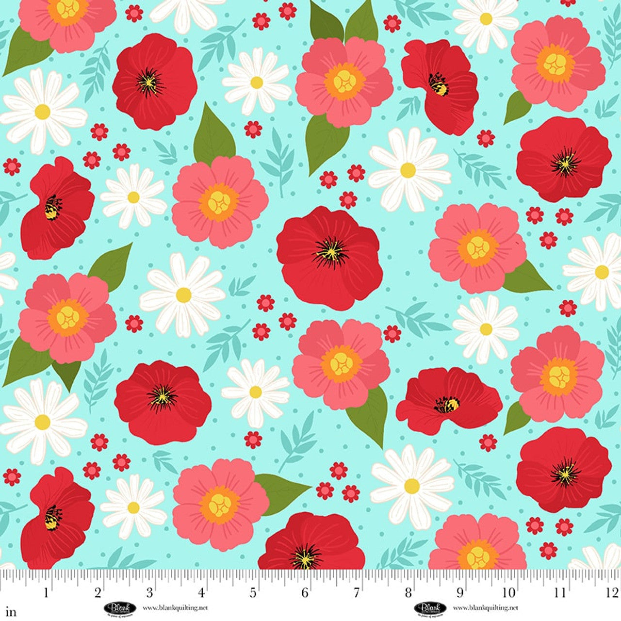 Fabric Blank Quilting Turquoise Daisy and Poppy Flowers The Bright Side by the Quarter Yard 4510-70