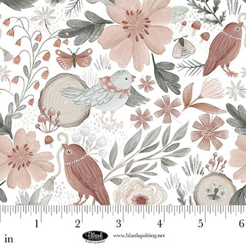 Fabric Blank Quilting White Birds and Flowers Petal & Pewter by the Quarter Yard 4574-01