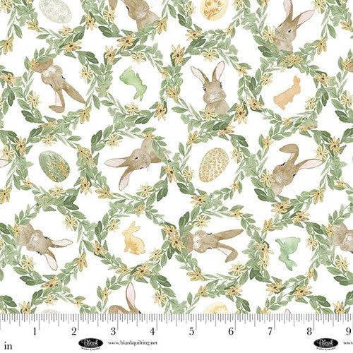 Fabric Blank Quilting White Leaf Lattice with Bunnies Spring Serenade by the Quarter Yard 4488-01