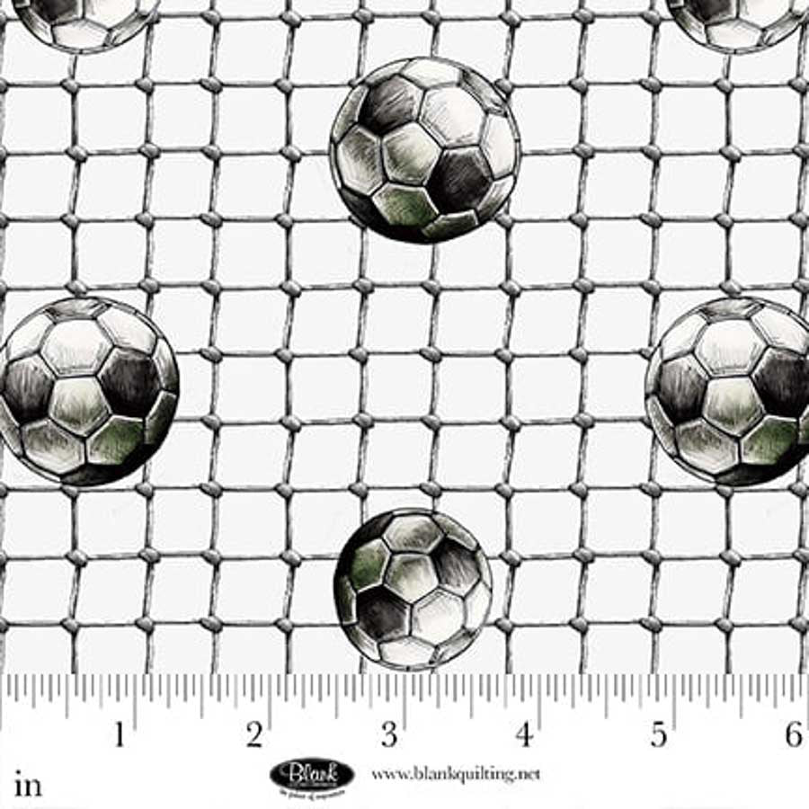 Fabric Blank Quilting White Soccer Balls and Nets Goalbound by the Quarter Yard 4755-01