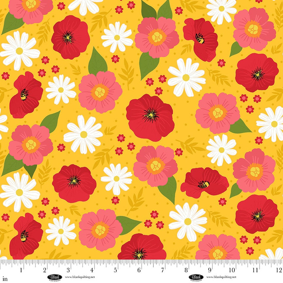 Fabric Blank Quilting Yellow Daisy and Poppy Flowers The Bright Side by the Quarter Yard 4510-44