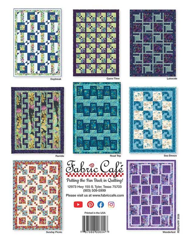 Collection of quilt patterns with 'Fabric Cafe' branding at the bottom.