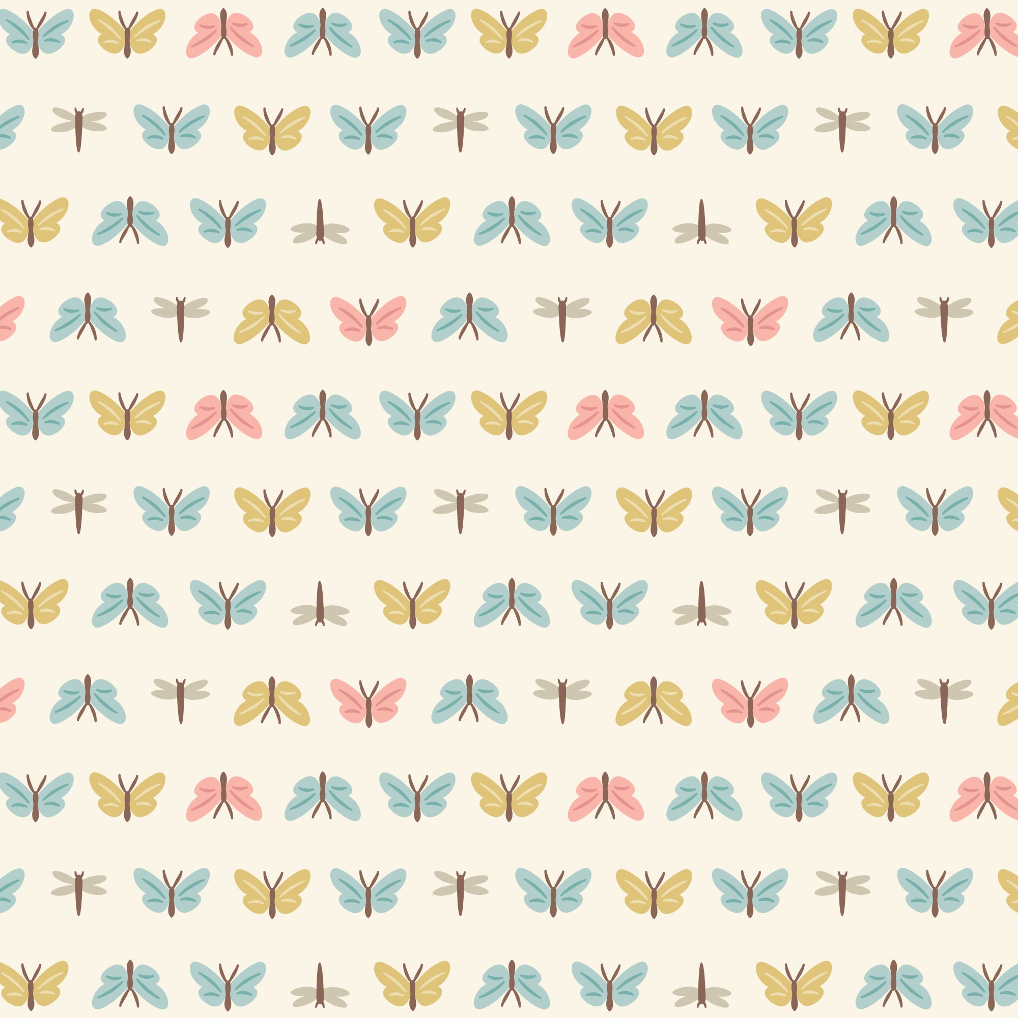 A repeating pattern of small stylized butterflies and dragonflies in pastel blue, yellow, pink, and brown on a warm cream background.