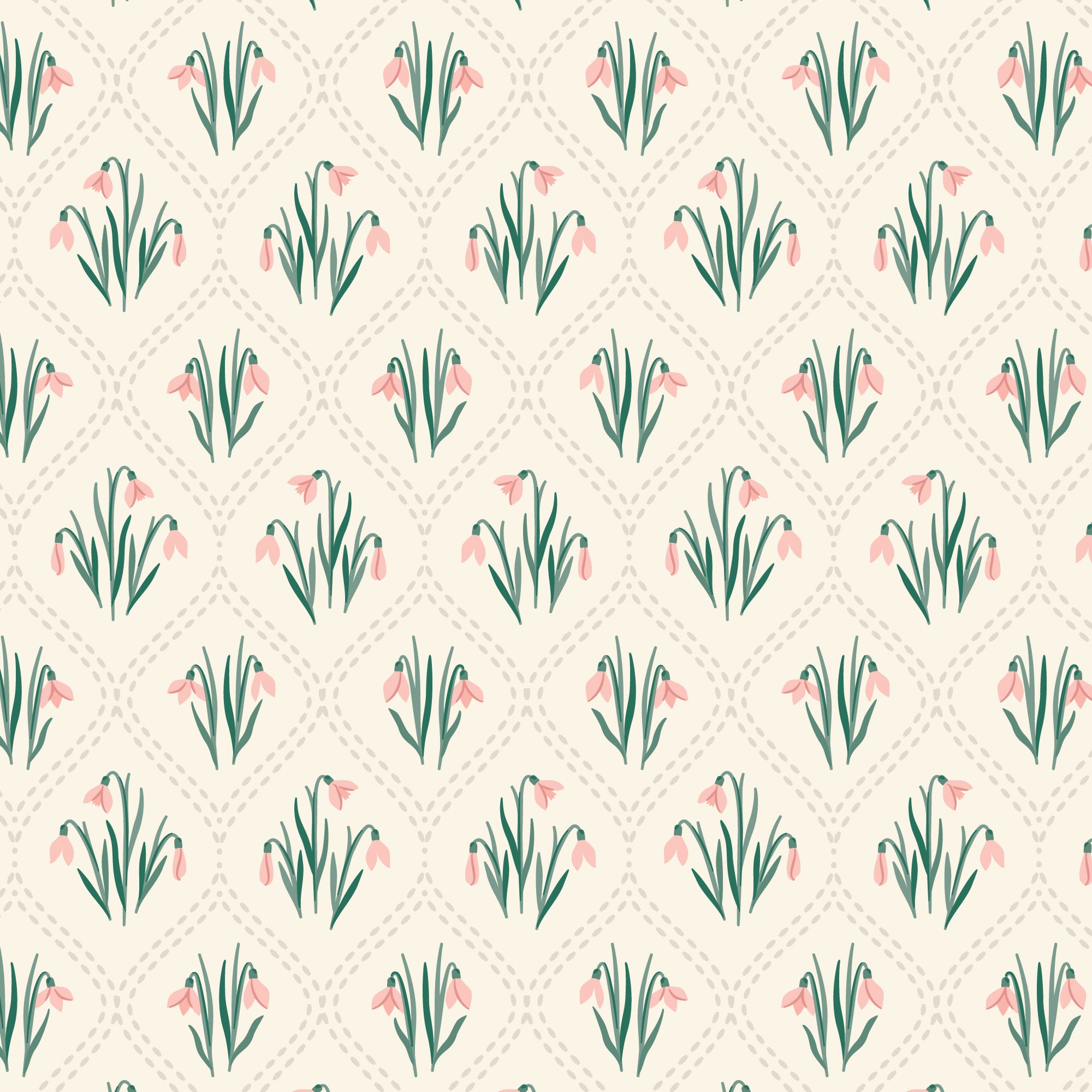 A repeating floral pattern featuring small pink snowdrop-like flowers with green stems on a warm cream background with a faint diamond lattice.