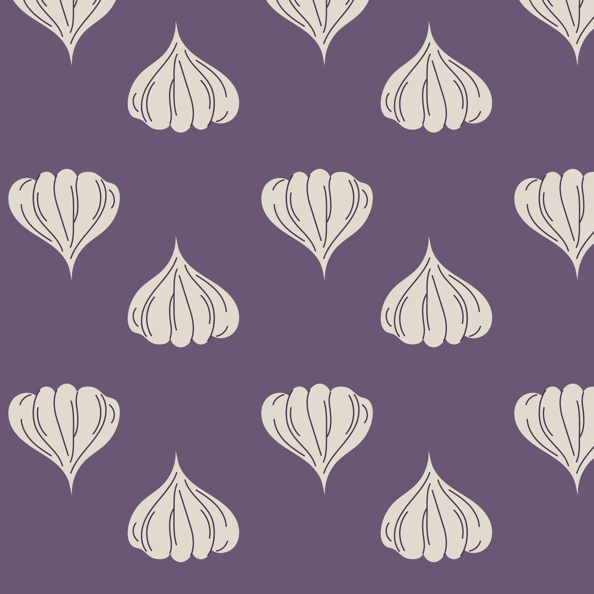 A repeating pattern of stylized garlic bulb motifs in a light cream color on a solid muted purple background.
