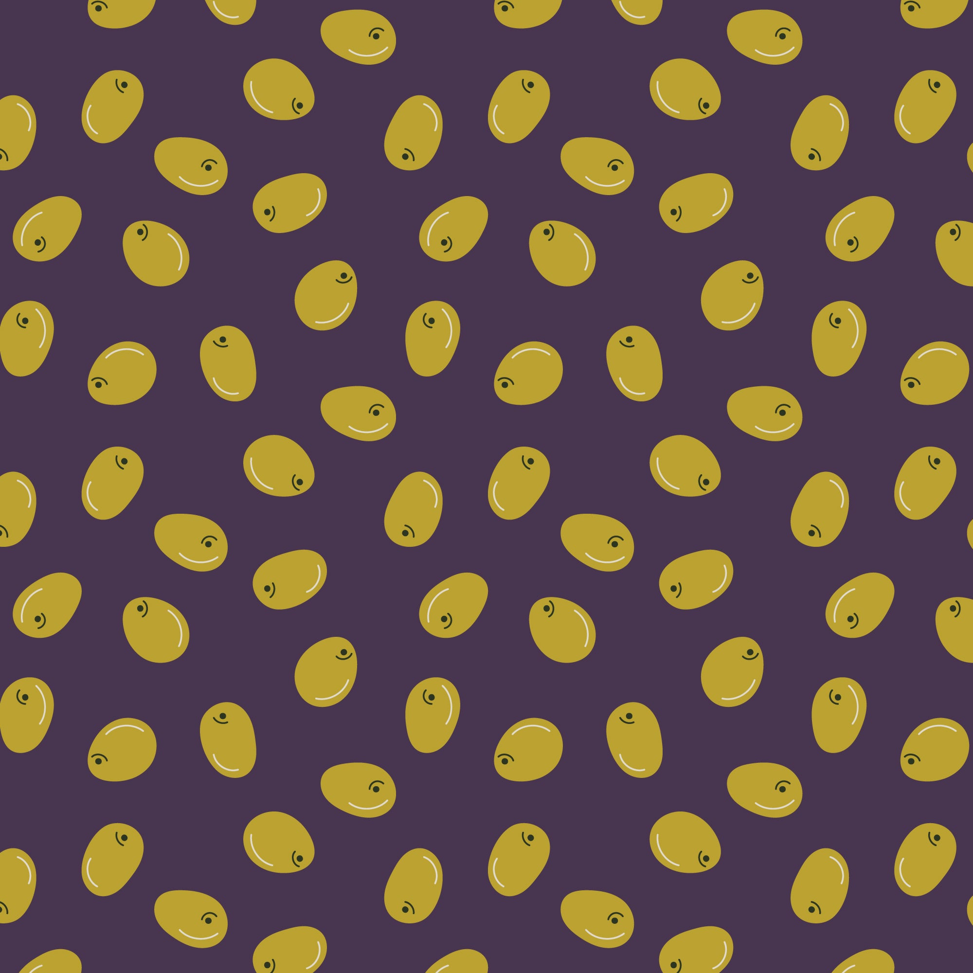 A repeating pattern of stylized yellow-green olives on a dark purple background.