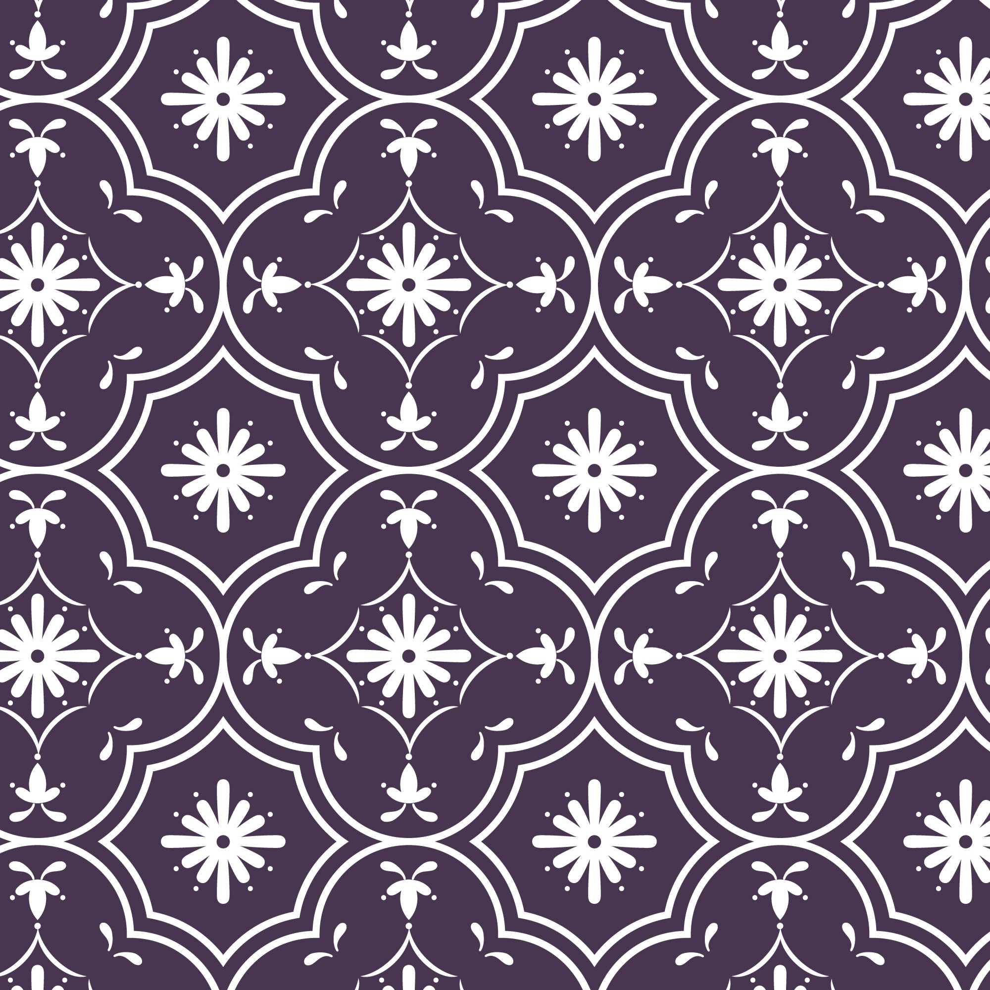 A repeating white ornamental tile pattern on a dark purple background.