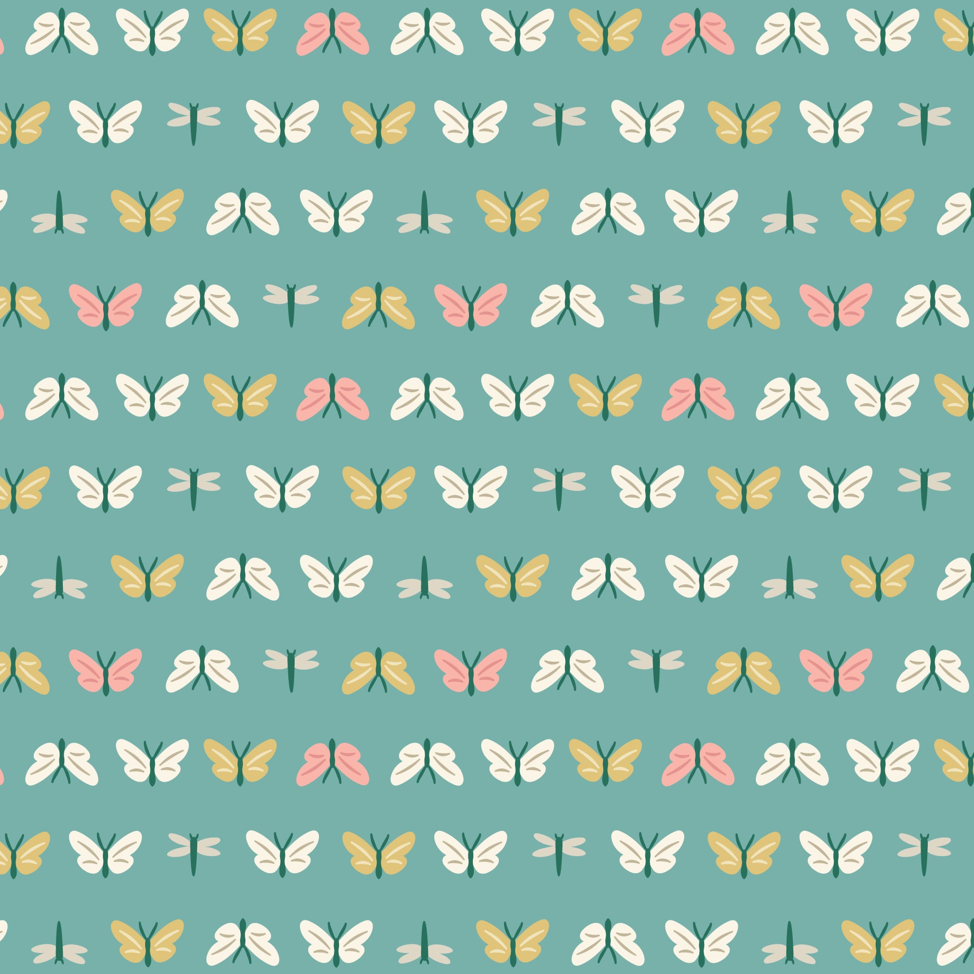 A repeating pattern of stylized butterflies and dragonflies in soft pastel colors on a teal background.
