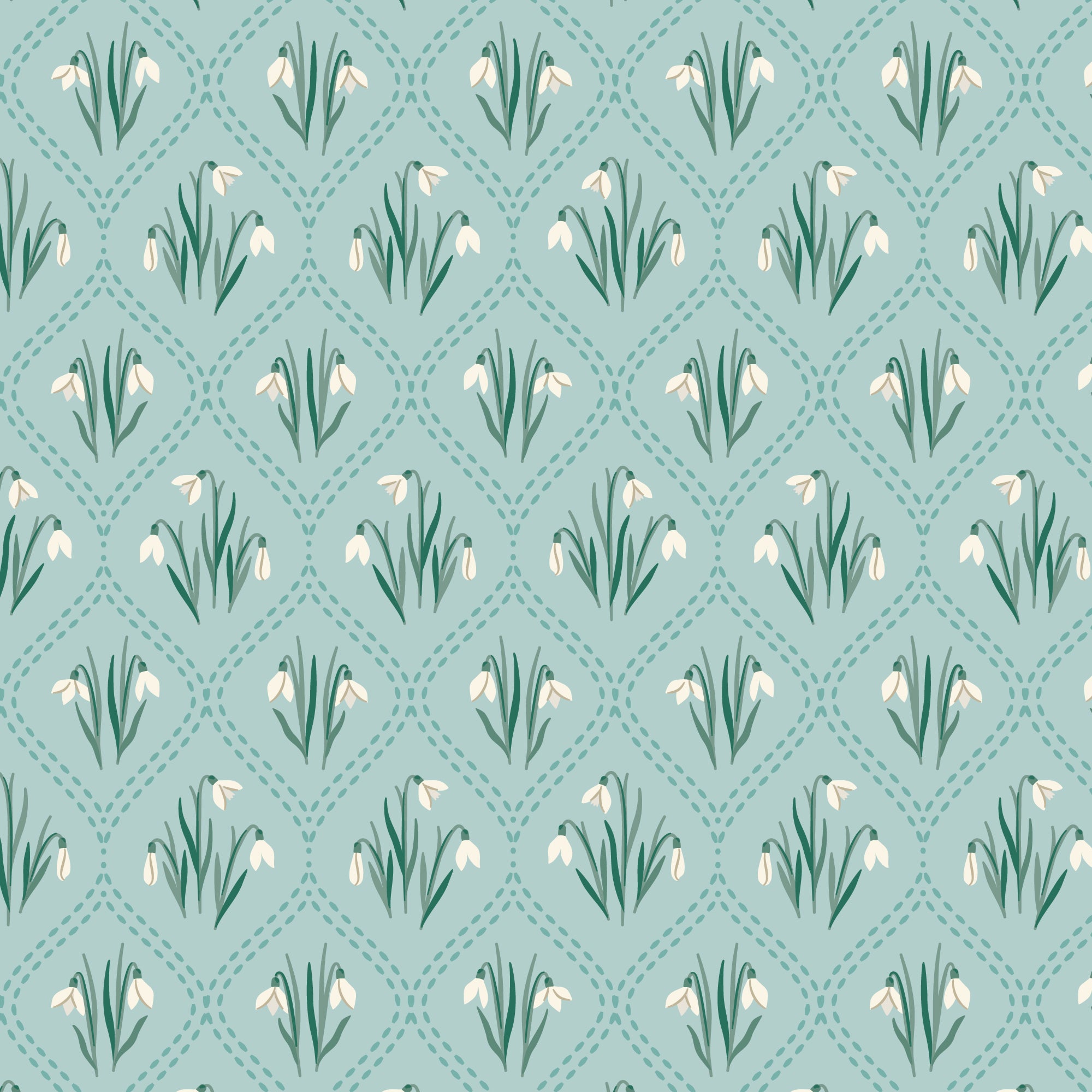 A repeating pattern of white snowdrops with green stems on a light blue background, arranged in a diamond lattice with dotted lines.