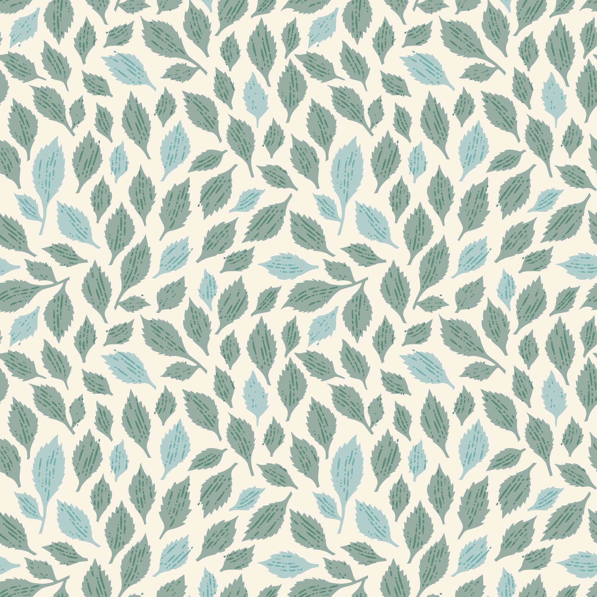 A repeating botanical pattern of stylized leaves in muted sage green and pale blue on a warm off-white background.