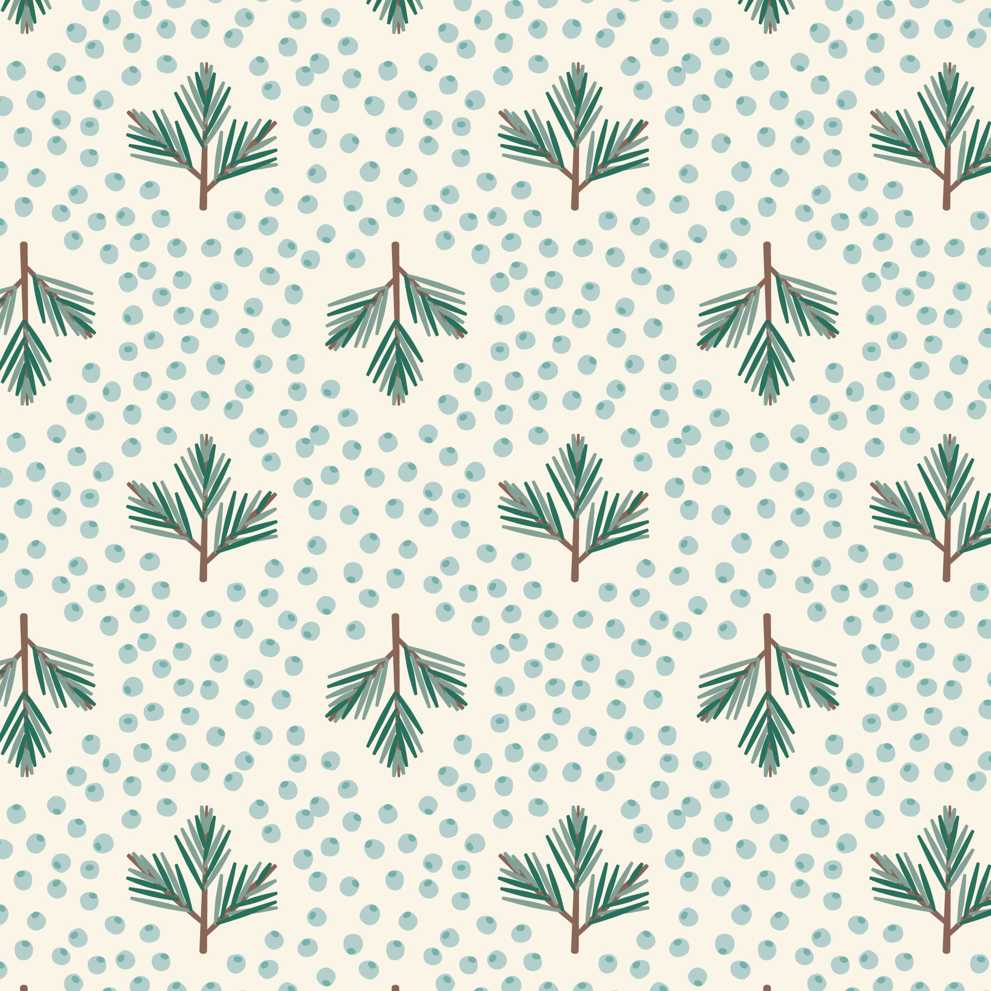 A repeating pattern featuring green pine branch motifs on a warm cream background, overlaid with a dense field of small light blue dots.