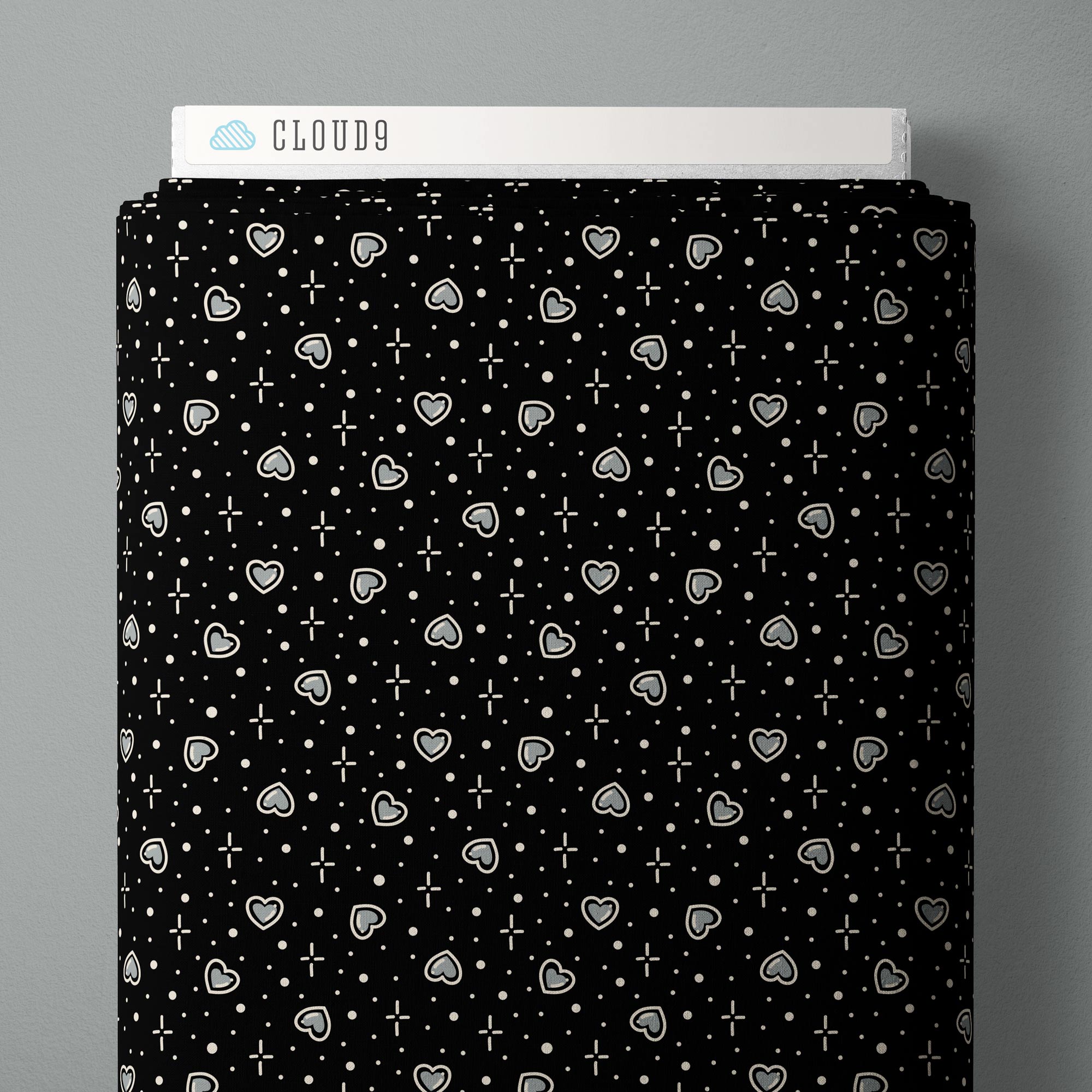 Fabric Cloud9 Black Big Heart Plus Love, Ink by the Quarter Yard 228643