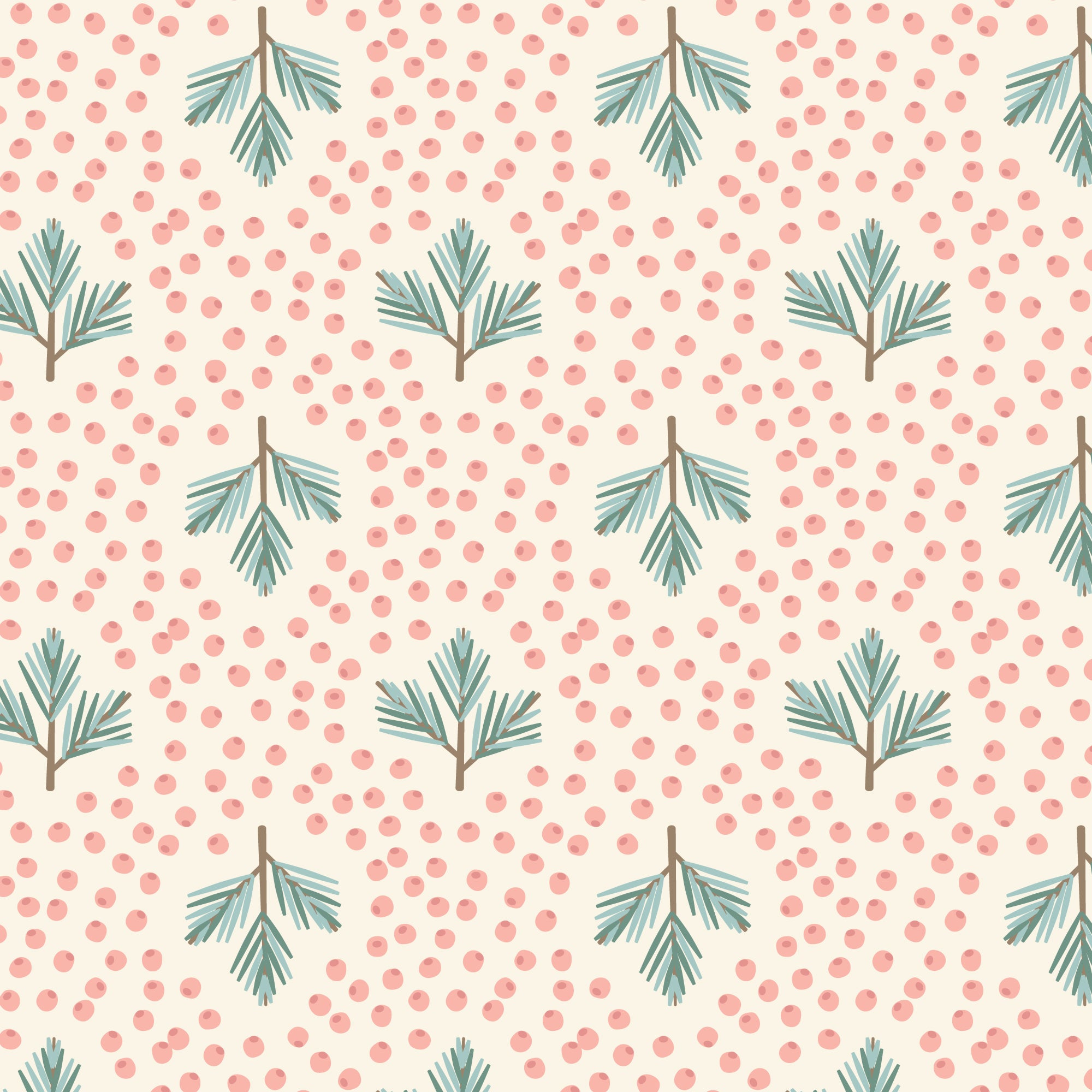 A repeating pattern featuring light teal pine branch motifs on a warm cream background, overlaid with a dense field of small pink polka dots.
