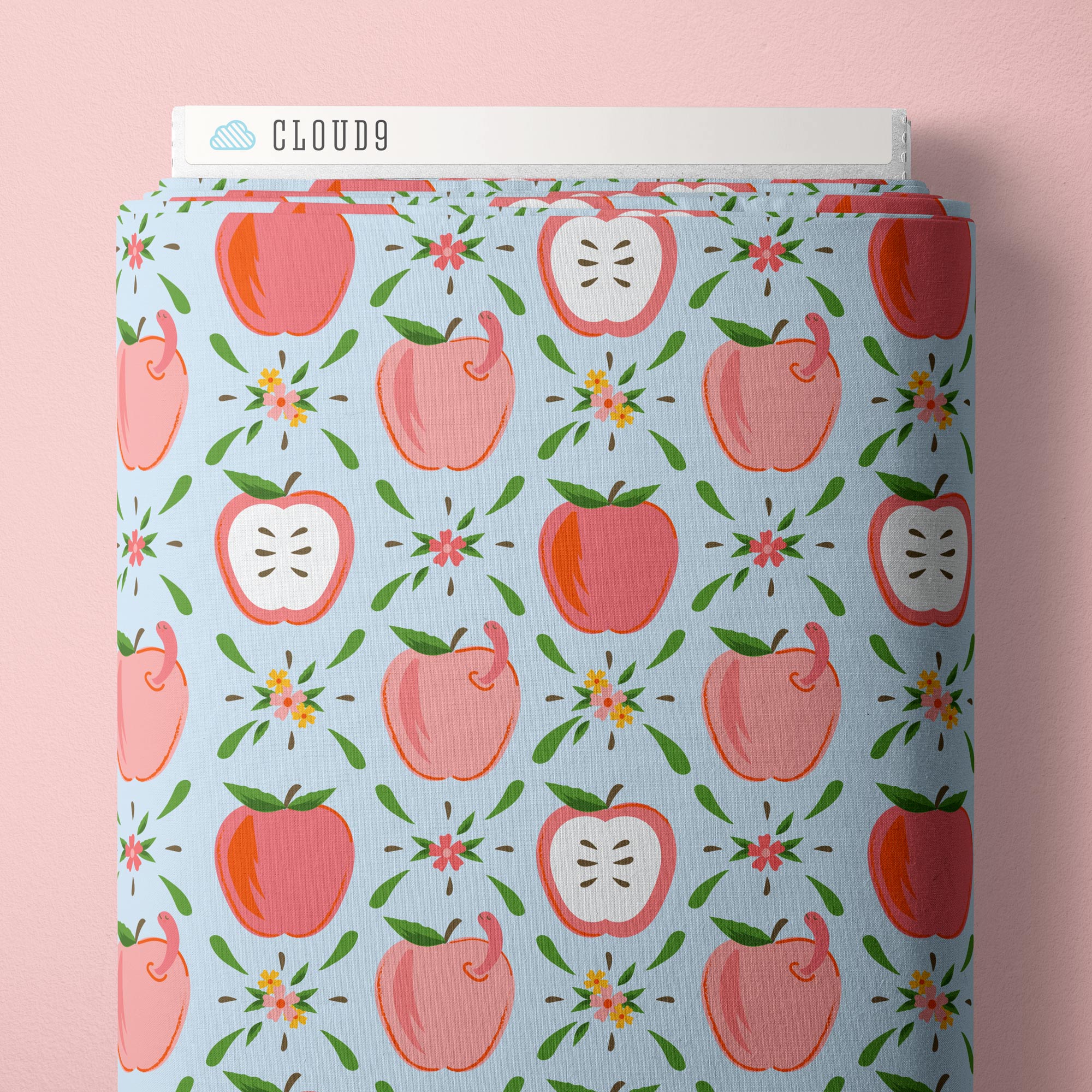 Fabric Cloud9 Blue Apples & Wiggles Bookworm by the Quarter Yard 228948