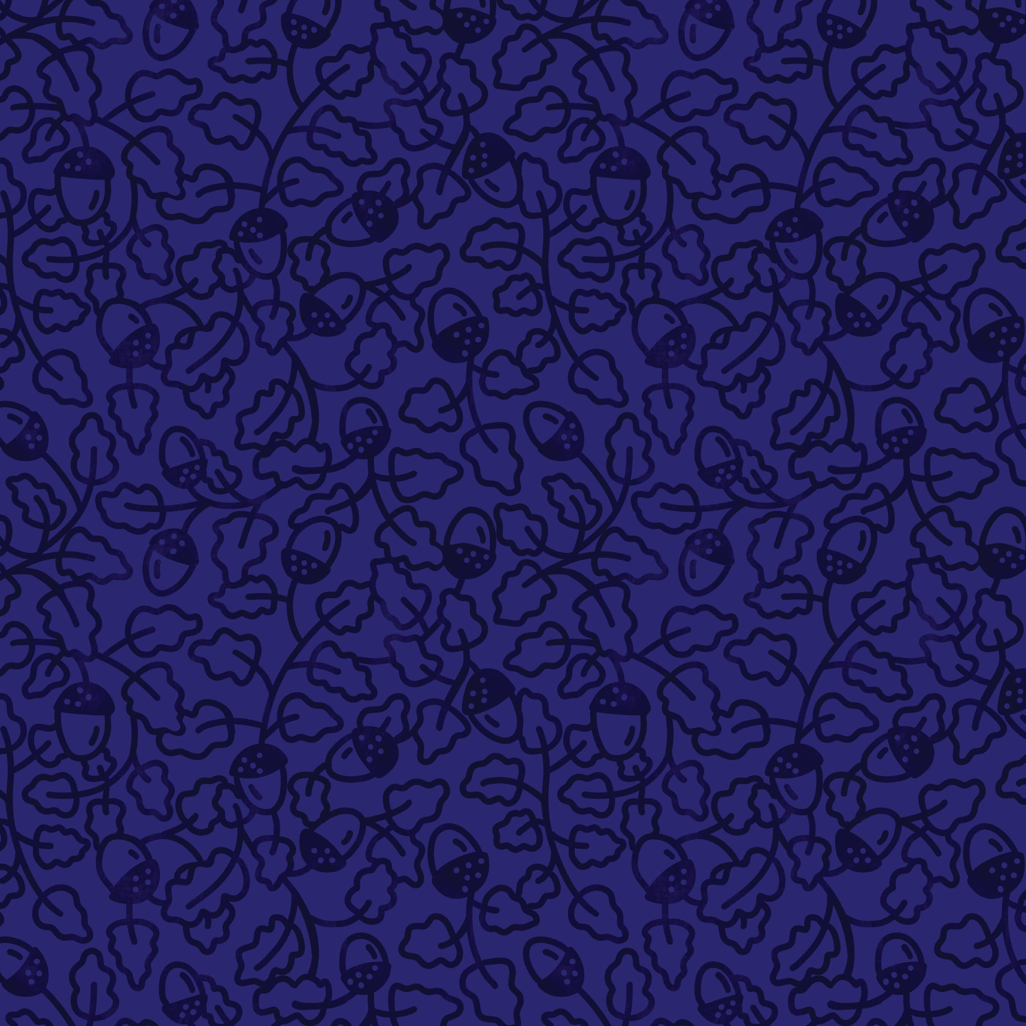 A repeating pattern of dark navy blue acorns and oak leaves on a deep purple background.