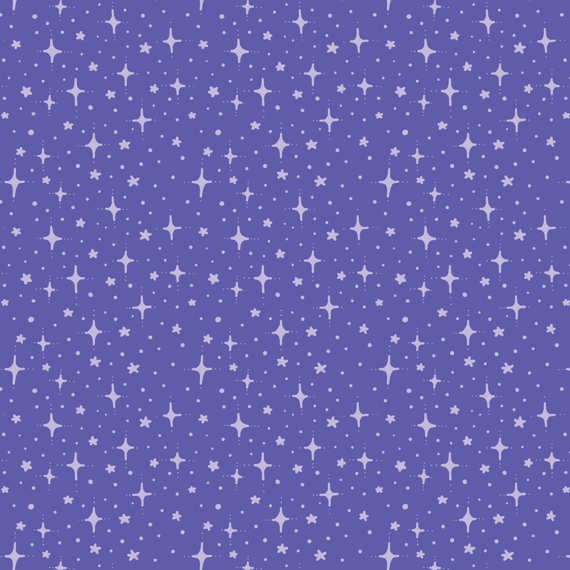 A repeating pattern of white stars and sparkles on a solid purple background.