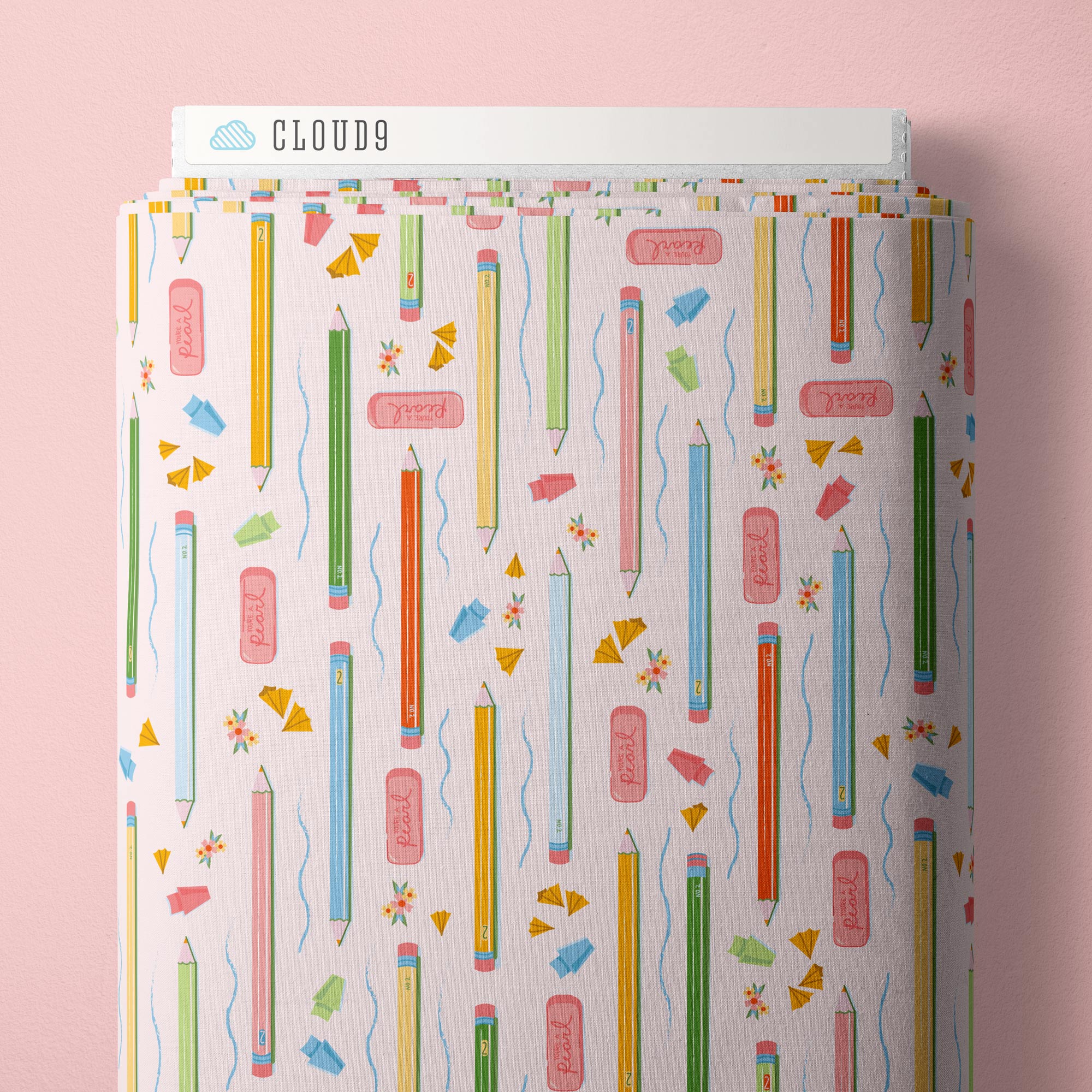 Fabric Cloud9 Blush/Multi Pencils & Pages Bookworm by the Quarter Yard 228950