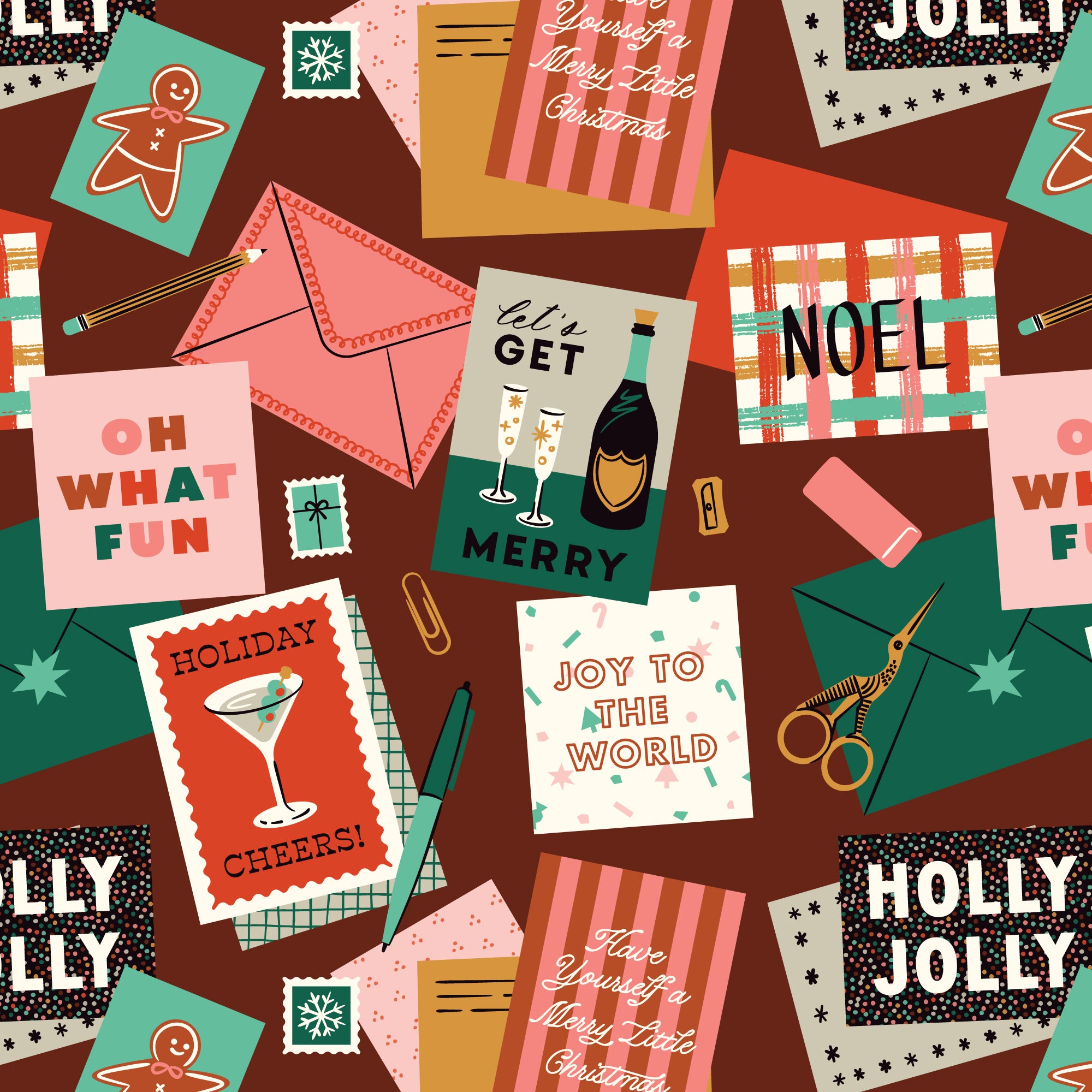 Fabric collage of Christmas-themed cards and envelopes on a burgundy background