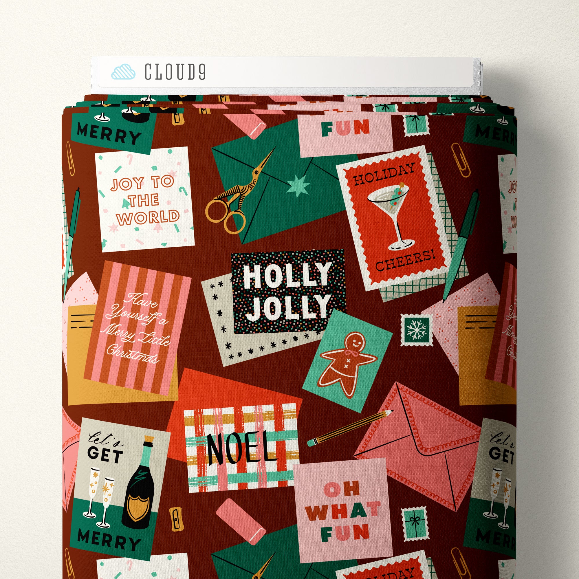 Fabric bolt with holiday-themed designs and text on a white background