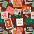 Fabric collage of Christmas-themed cards and envelopes on a burgundy background