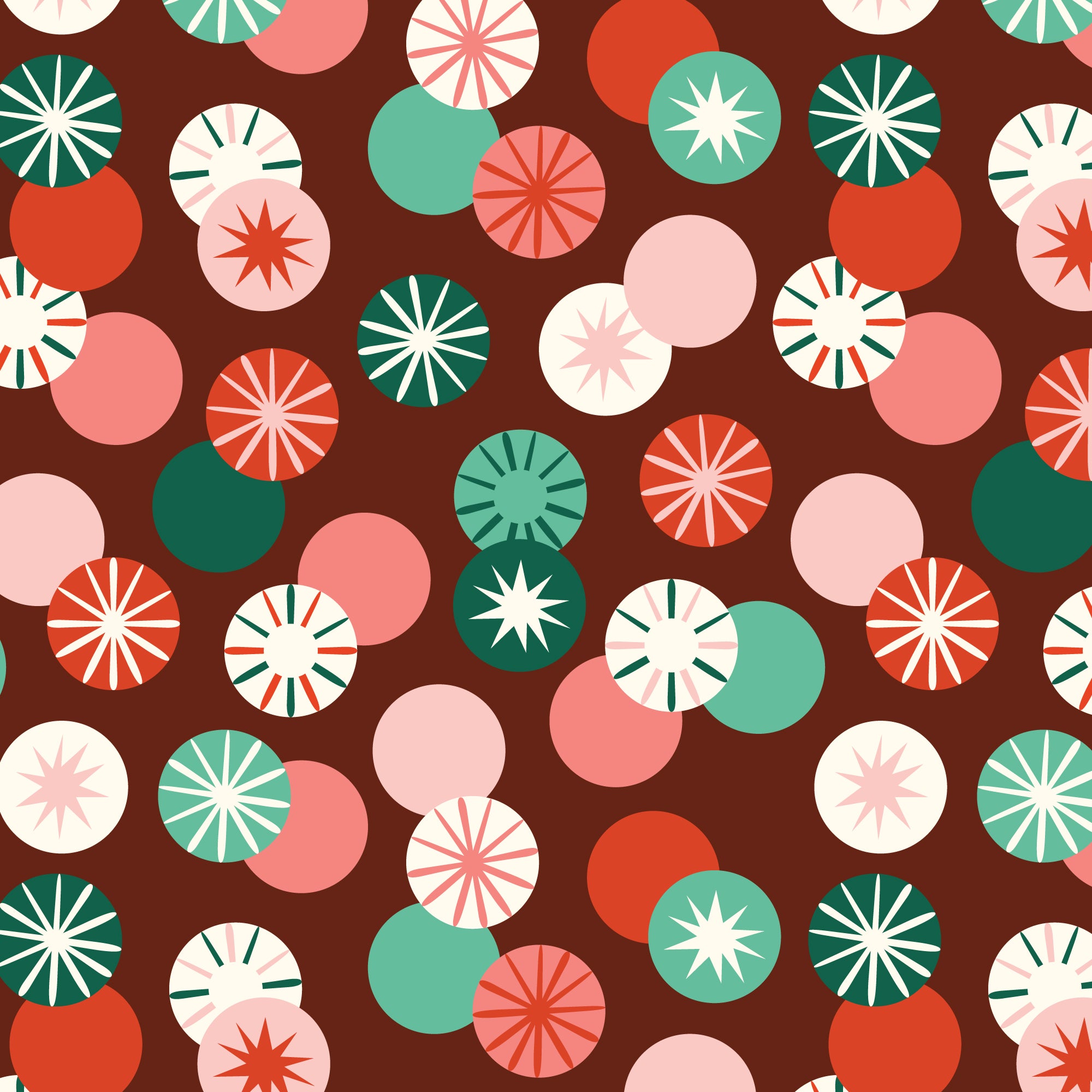 Fabric with colorful circles on a burgundy background