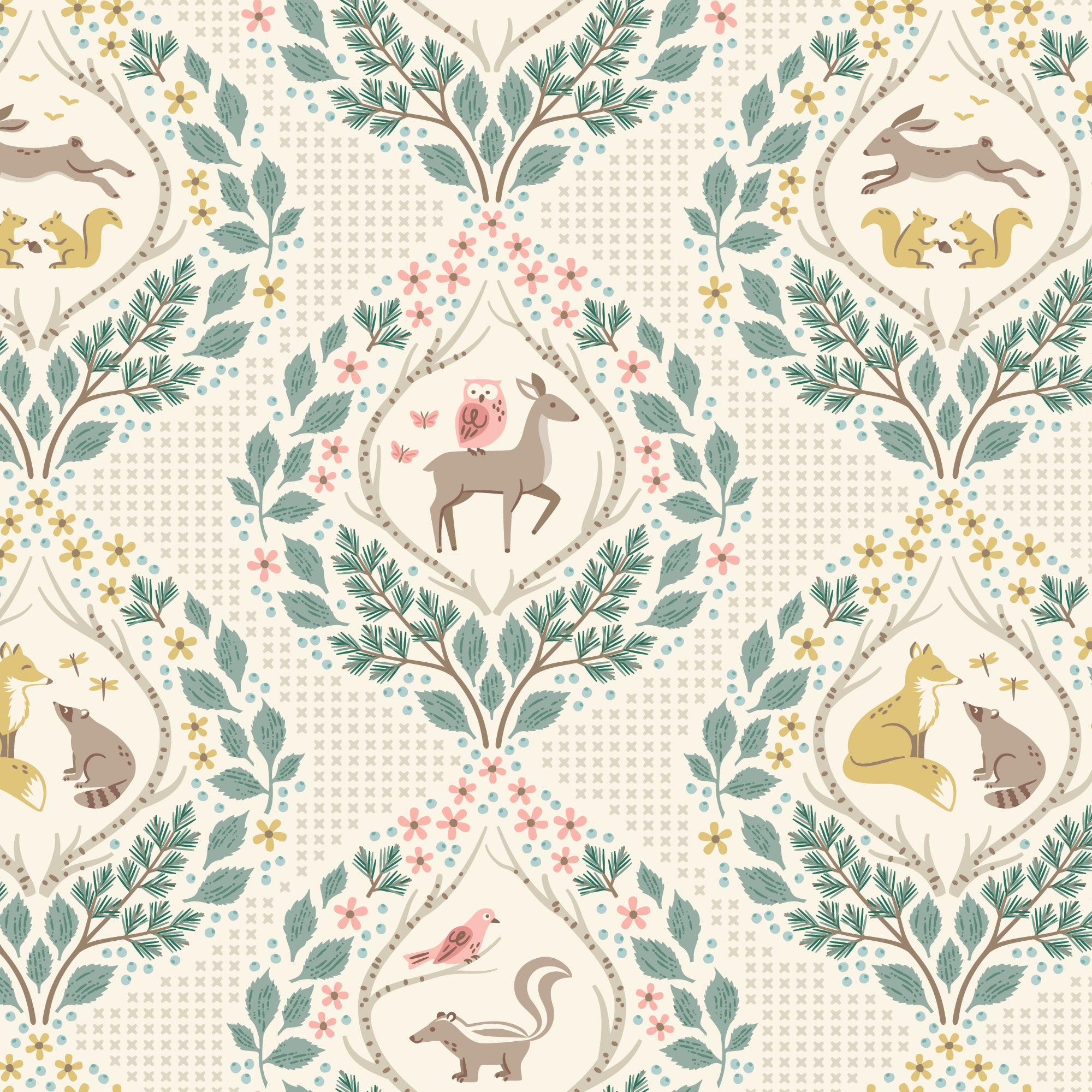 A repeating decorative pattern featuring woodland animals inside shield-shaped frames, surrounded by leafy wreaths and small flowers on a cream background with a subtle dotted texture.