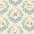 A repeating decorative pattern featuring woodland animals inside shield-shaped frames, surrounded by leafy wreaths and small flowers on a cream background with a subtle dotted texture.