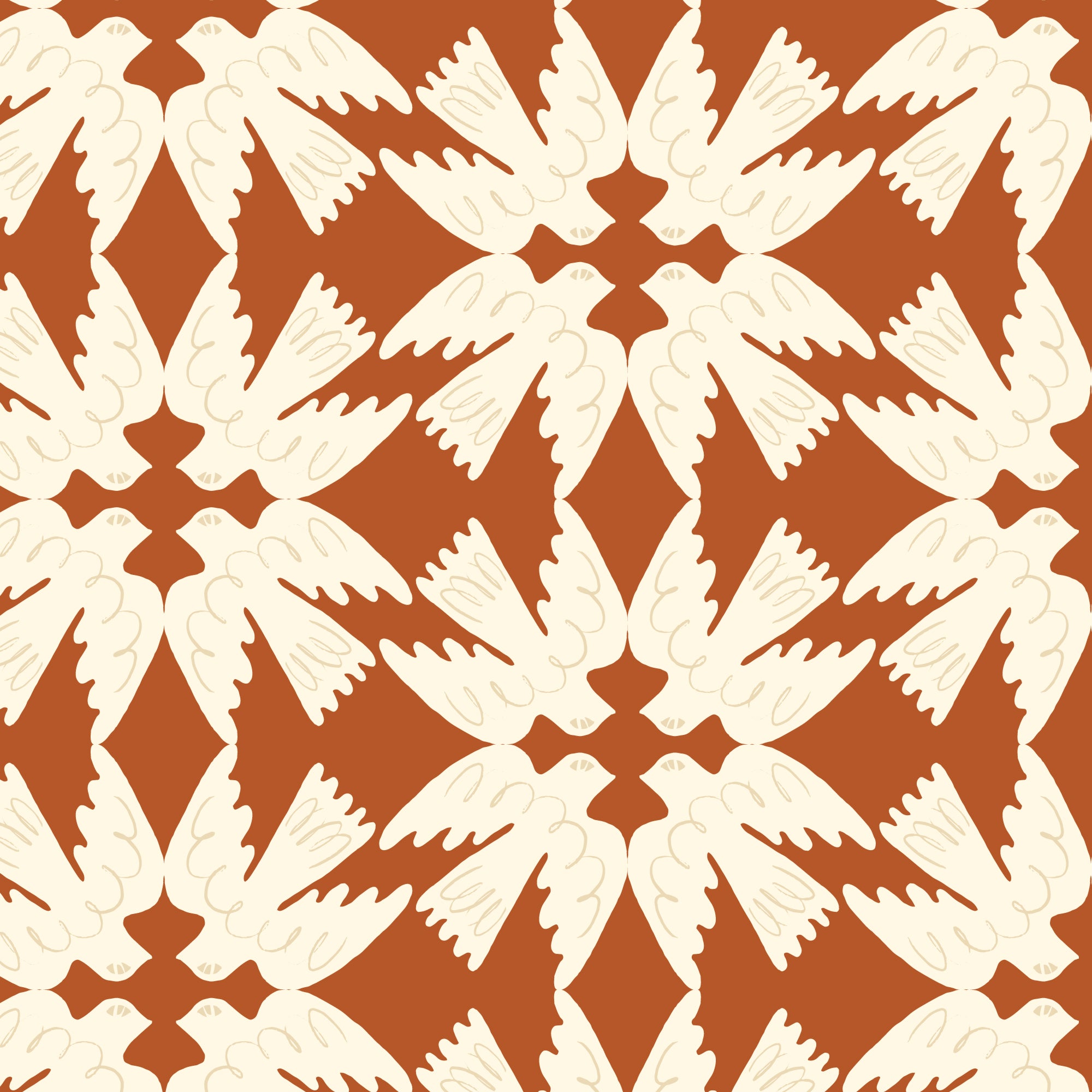 A repeating decorative pattern of cream-colored doves facing inward on a warm rust-orange background.
