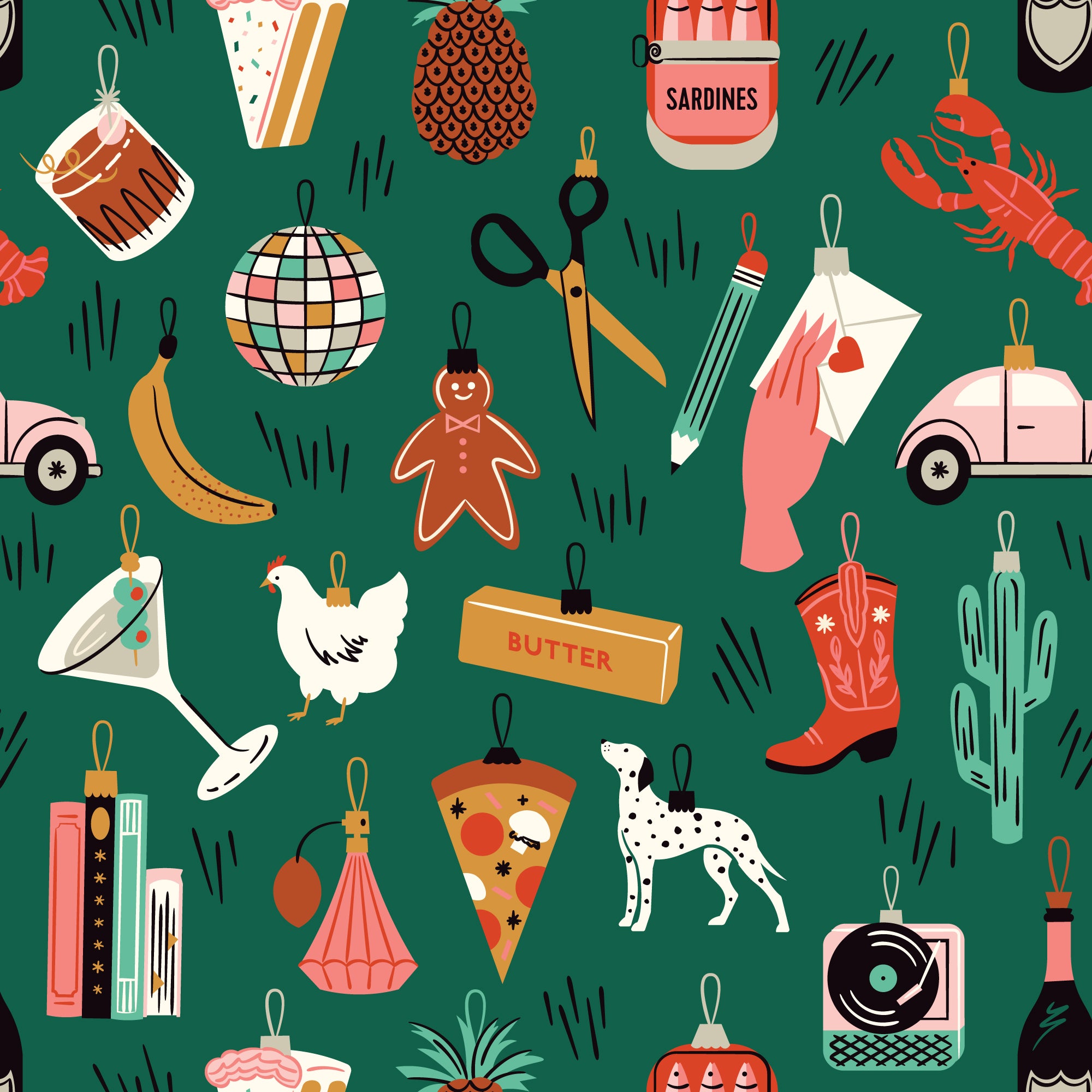 Colorful pattern with various objects on a green background