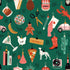 Colorful pattern with various objects on a green background