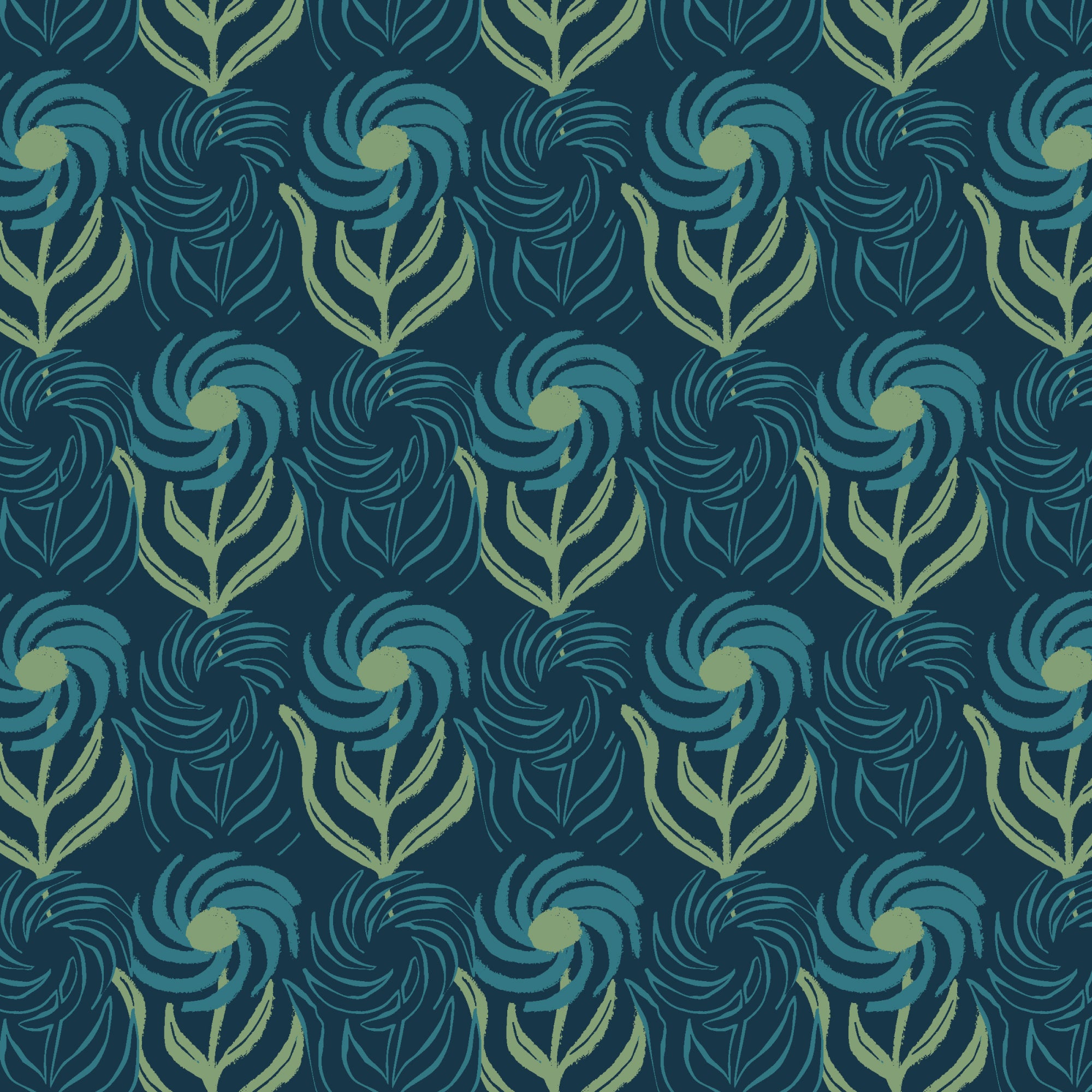 A repeating botanical pattern featuring stylized flowers and leaves in light green and teal on a dark navy blue background.