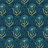 A repeating botanical pattern featuring stylized flowers and leaves in light green and teal on a dark navy blue background.