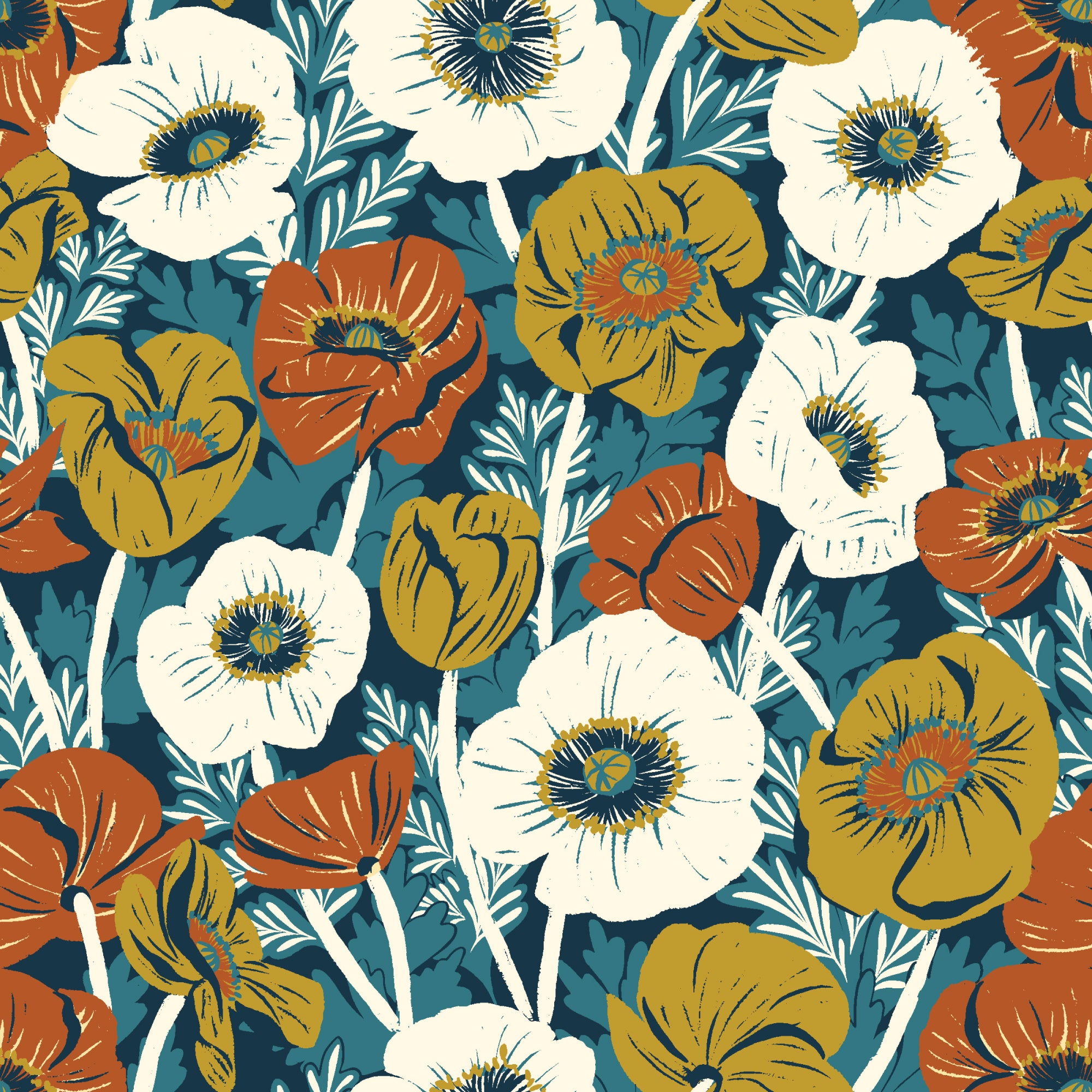 A repeating floral pattern featuring stylized poppy-like flowers in white, rust orange, mustard yellow, and teal-blue with dark centers and pale stems.