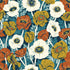 A repeating floral pattern featuring stylized poppy-like flowers in white, rust orange, mustard yellow, and teal-blue with dark centers and pale stems.