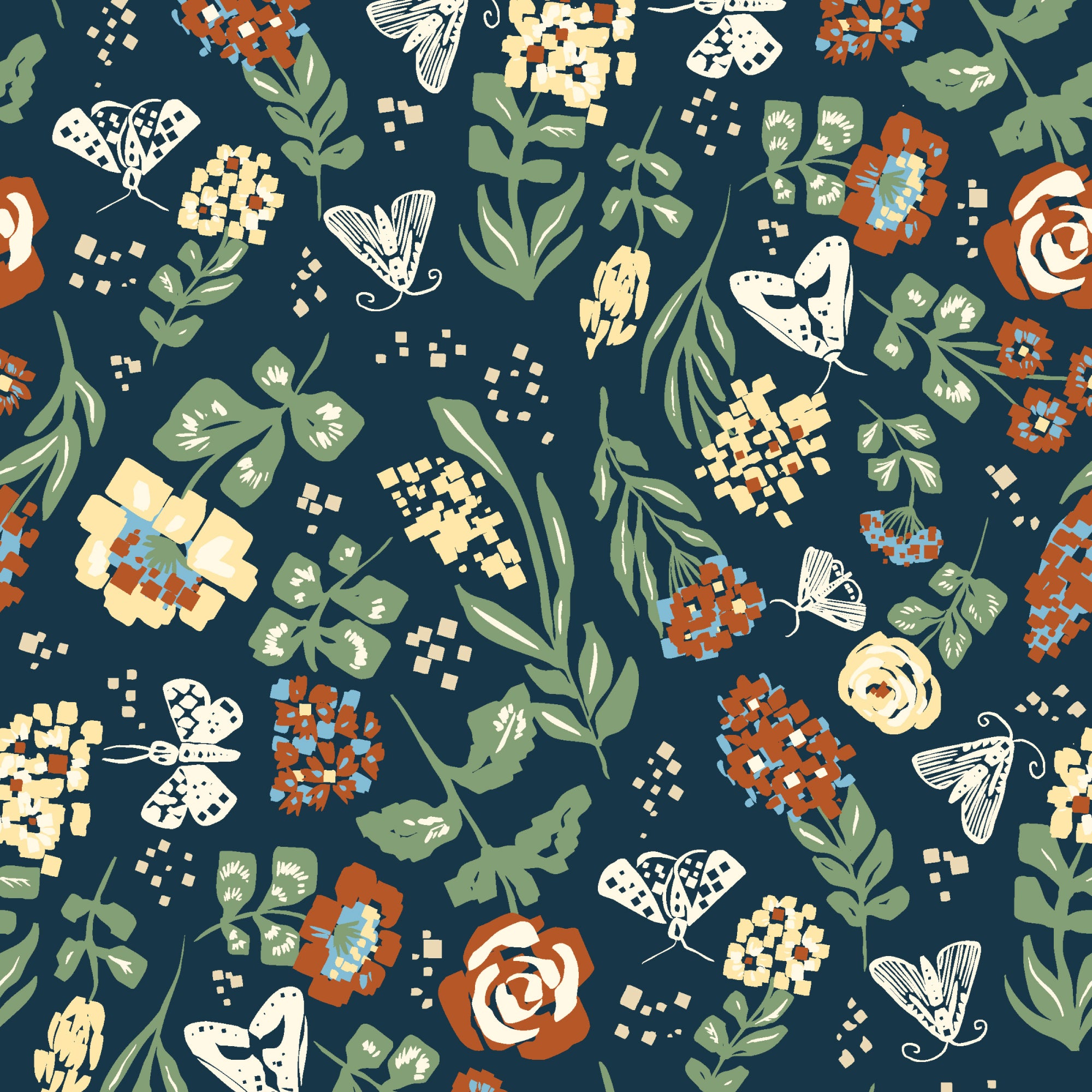 A repeating floral and butterfly pattern on a dark navy background, featuring green leaves, cream and orange flowers, and white and orange butterflies.