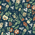 A repeating floral and butterfly pattern on a dark navy background, featuring green leaves, cream and orange flowers, and white and orange butterflies.