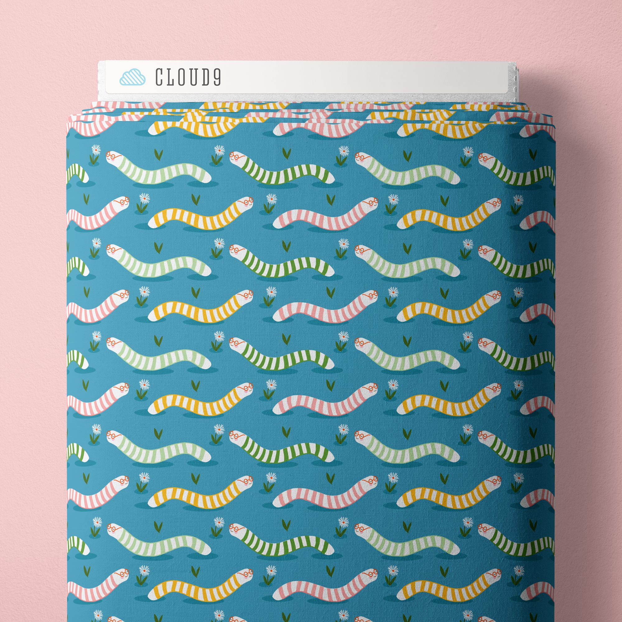 Fabric Cloud9 Dark Turquoise Wise Worms Bookworm by the Quarter Yard 228953